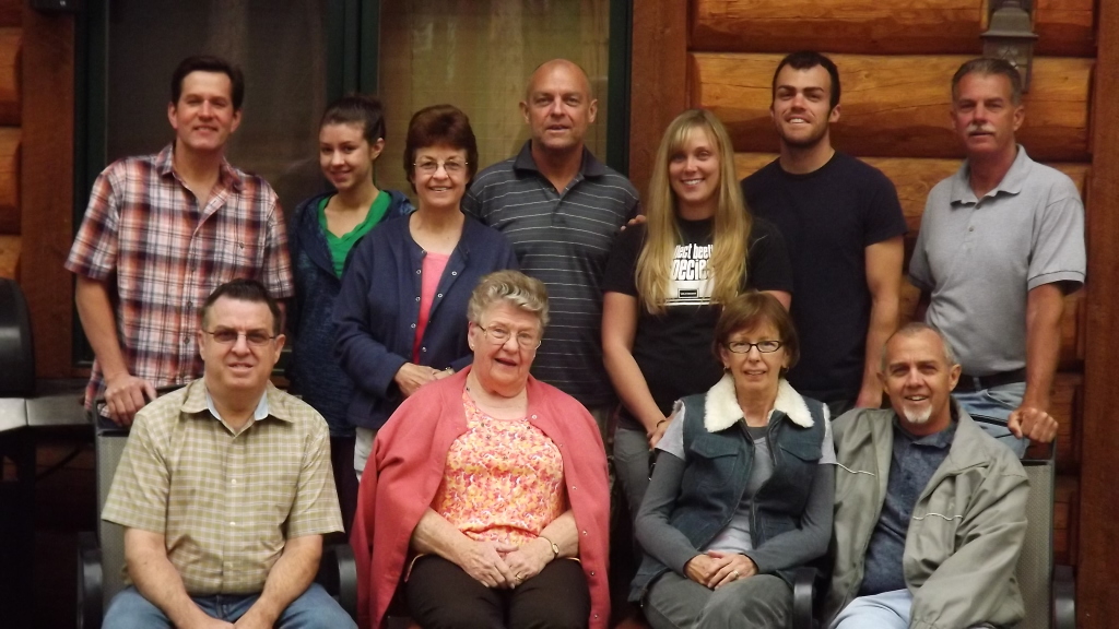 Standing: Dan, Emily & Julie Melendes, Dan Palmer, Emily & Trevor Palmer, Paul Palmer Seated: Pat Palmer, Arvalee (Mom, Grandma, Great Grandma) Palmer, Joy & Pete Palmer